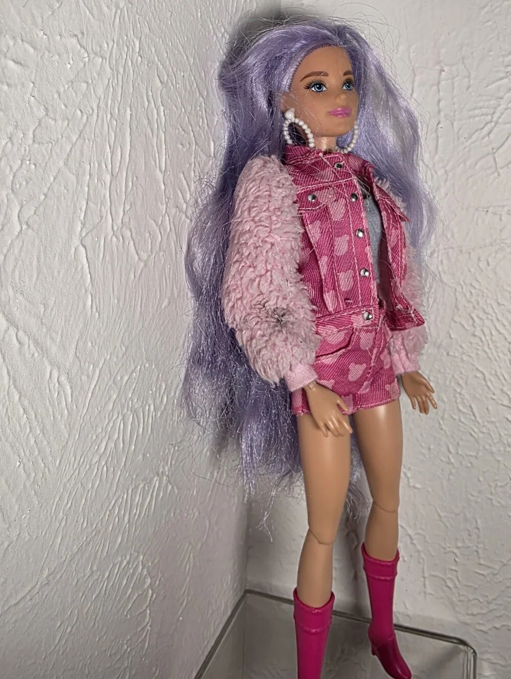 Barbie EXTRA #6 Doll Teddy Bear Print Pink Denim Outfit & Dog - Mattel